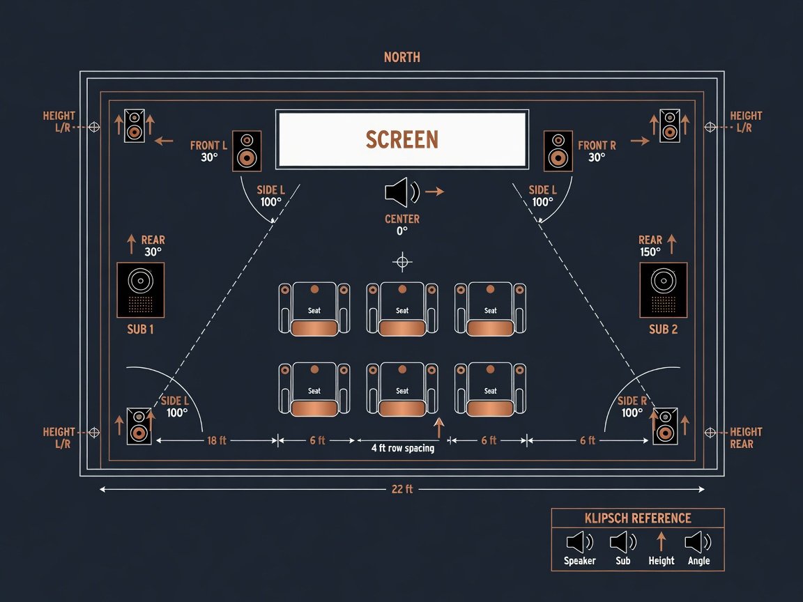 Home theater room floor plan diagram showing Klipsch 7.1.4 speaker placement angles and distances for optimal setup
