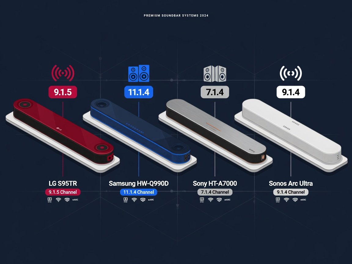 Side-by-side comparison chart of LG Samsung Sony and Sonos flagship Dolby Atmos soundbars 2026