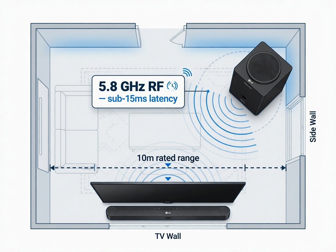 LG wireless subwoofer 5.8GHz RF signal diagram showing low-latency connection to soundbar