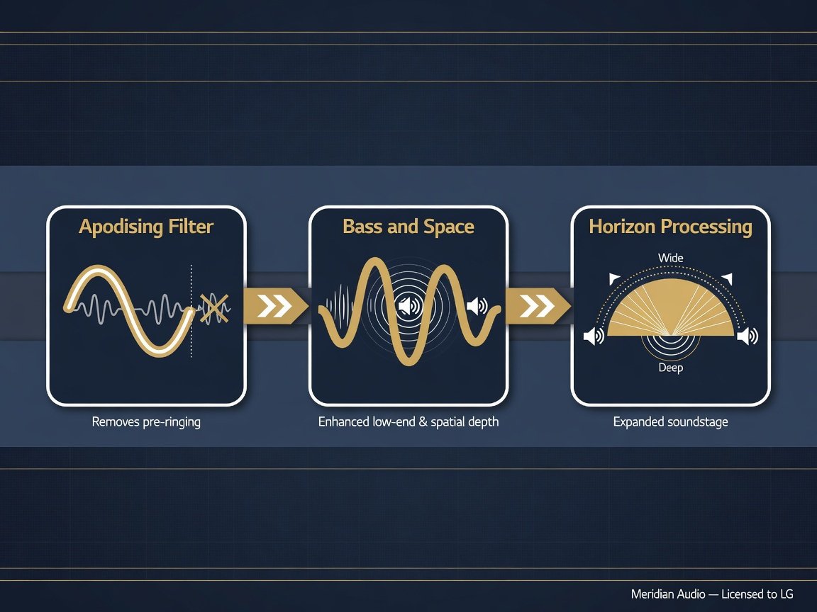 Meridian Audio DSP processing chain diagram LG soundbar Apodising Filter Bass Space Horizon