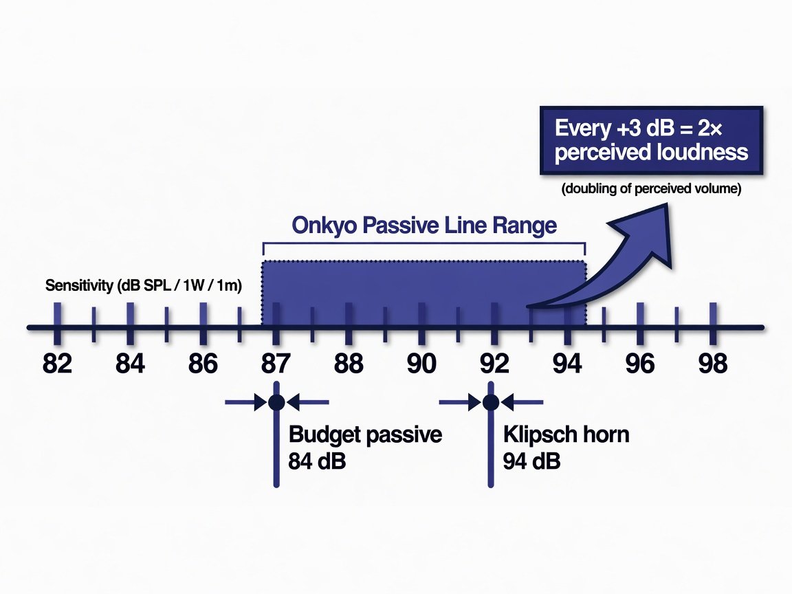 Onkyo speaker sensitivity rating infographic — 87 to 90 dB efficiency zone for passive home theater speakers 2026
