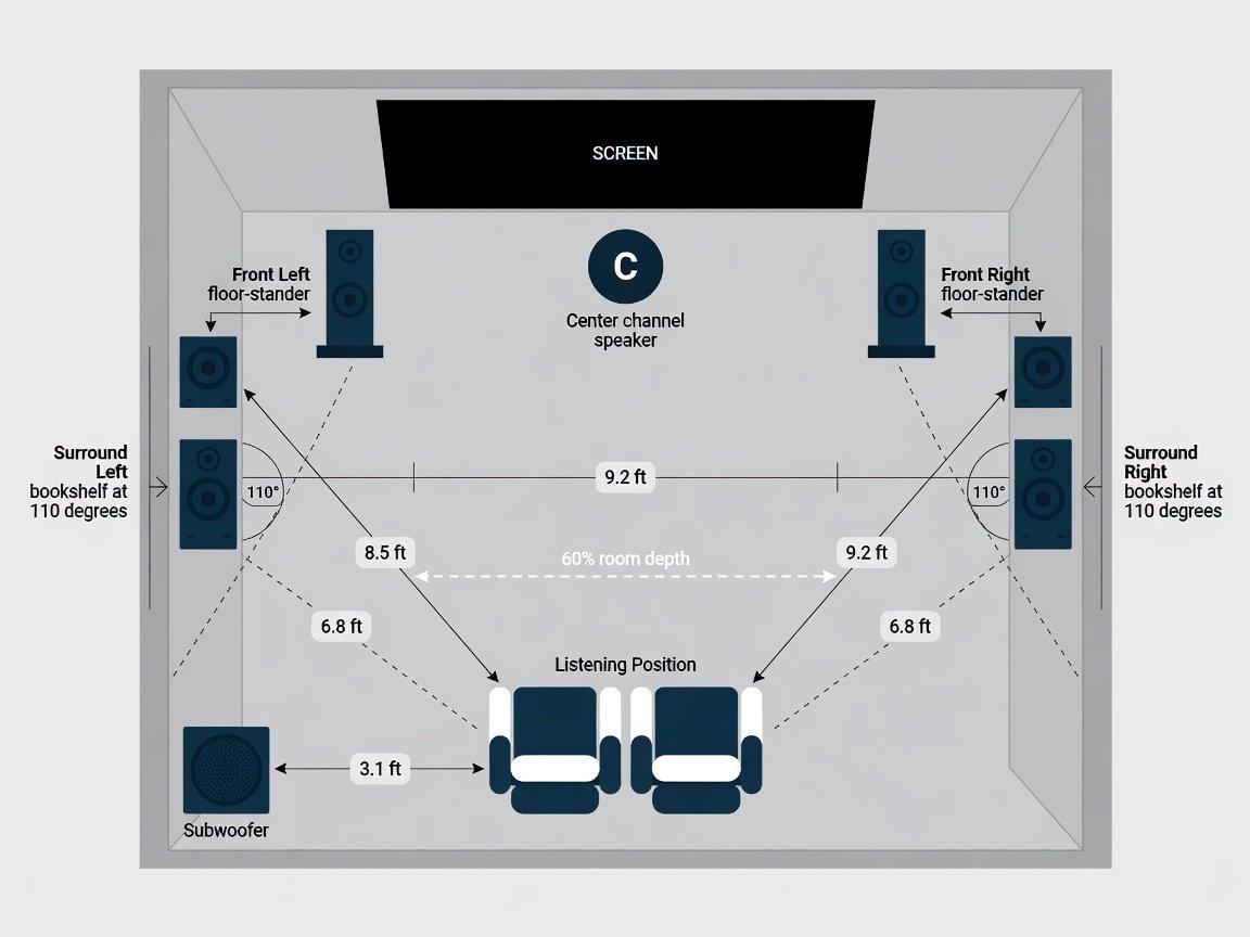 5.1 Onkyo speaker placement diagram — top-down room layout showing SKF-4800 front, SKB-4800 surround, and subwoofer positions
