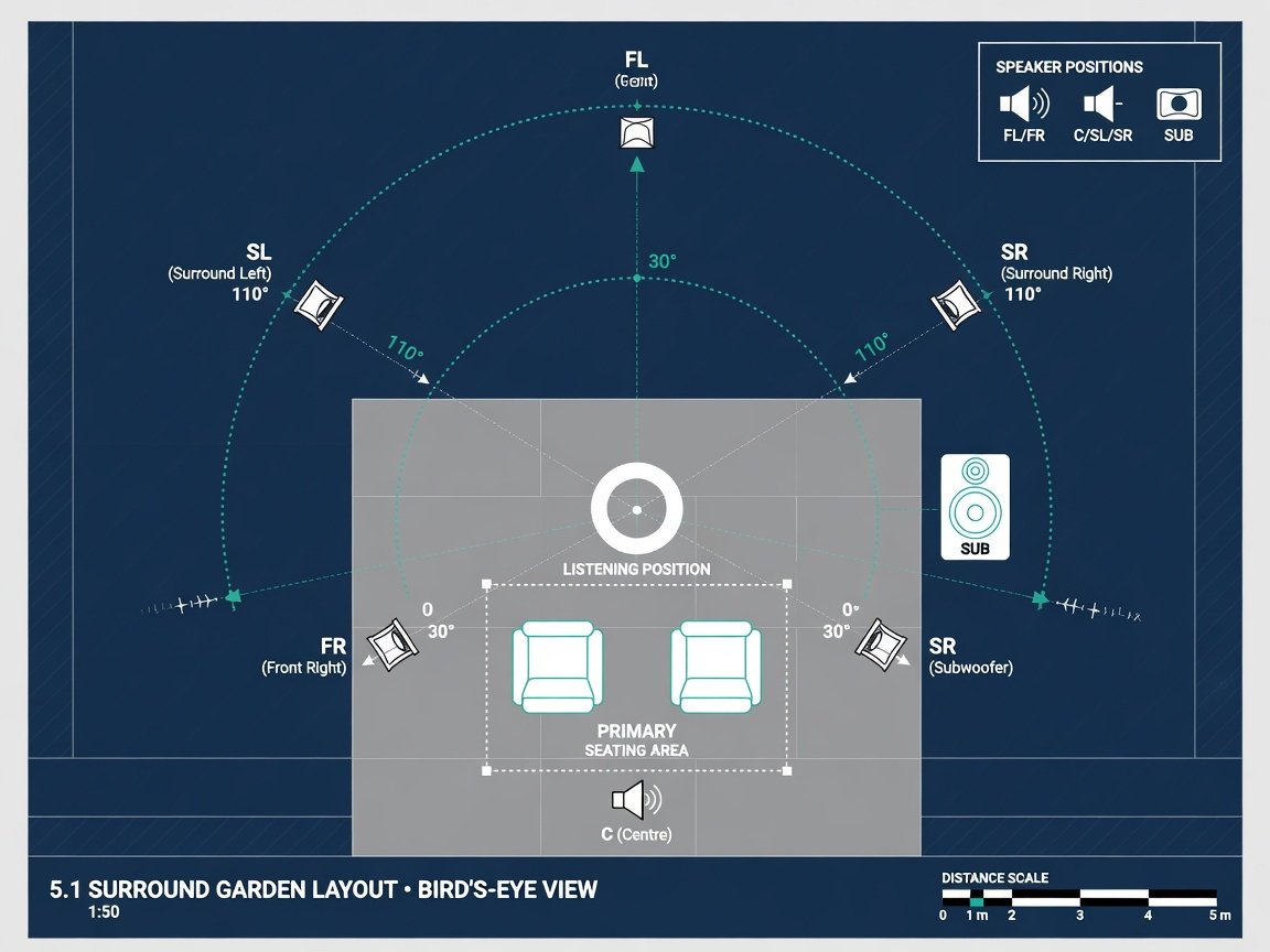Outdoor 5.1 surround sound speaker placement diagram showing ITU standard angles and distances from primary listening position