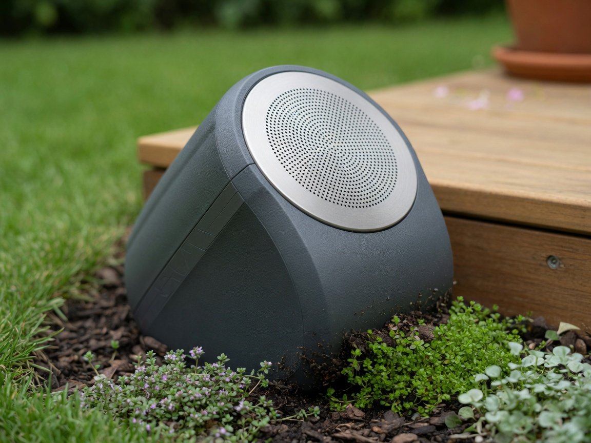 IP65-rated outdoor landscape speaker installed in garden bed showing UV-stabilised polymer enclosure and stainless steel grille detail