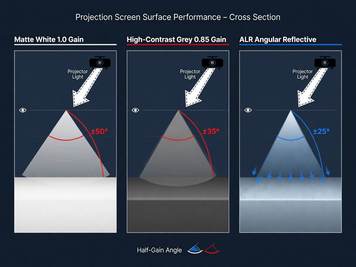 Diagram comparing screen gain types: matte white, high-contrast grey, and ALR screen angular reflection patterns