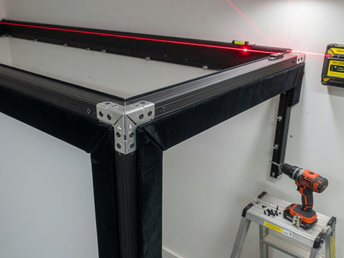Home theater projection screen installation showing fixed-frame aluminum mounting and laser level alignment