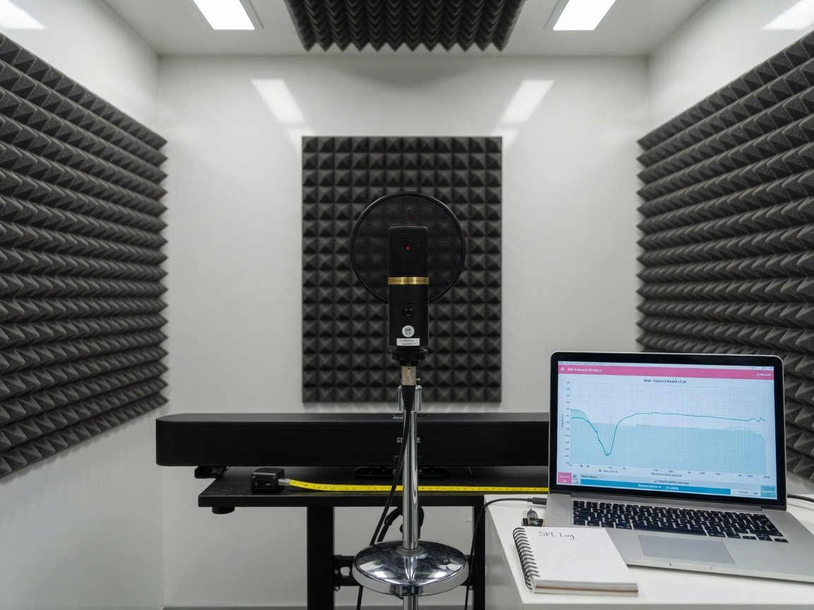 Calibrated measurement microphone on stand testing compact sound bar frequency response in acoustic test room 2026