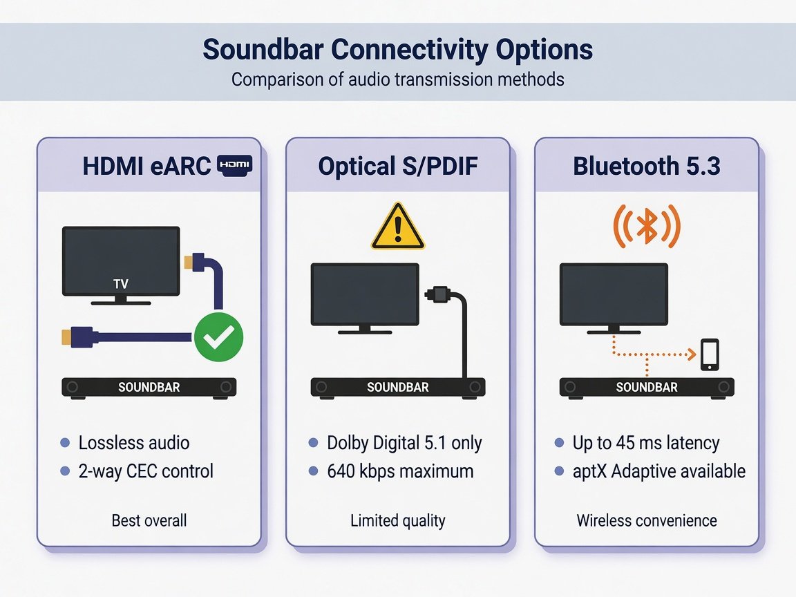 HDMI eARC vs optical vs Bluetooth sound bar connectivity comparison flat design infographic 2026