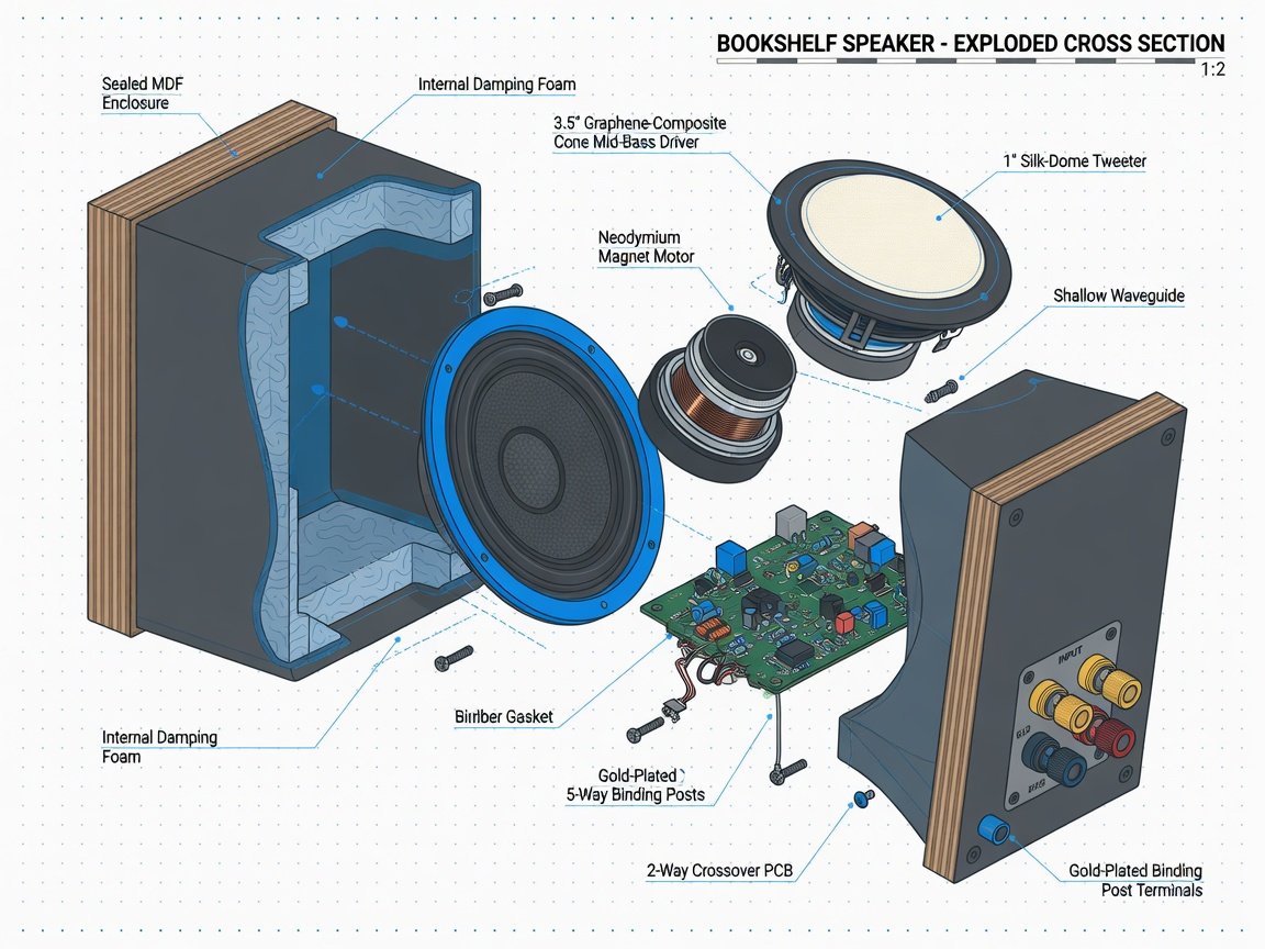 Exploded diagram of a compact surround sound speaker showing driver, tweeter, and sealed enclosure components