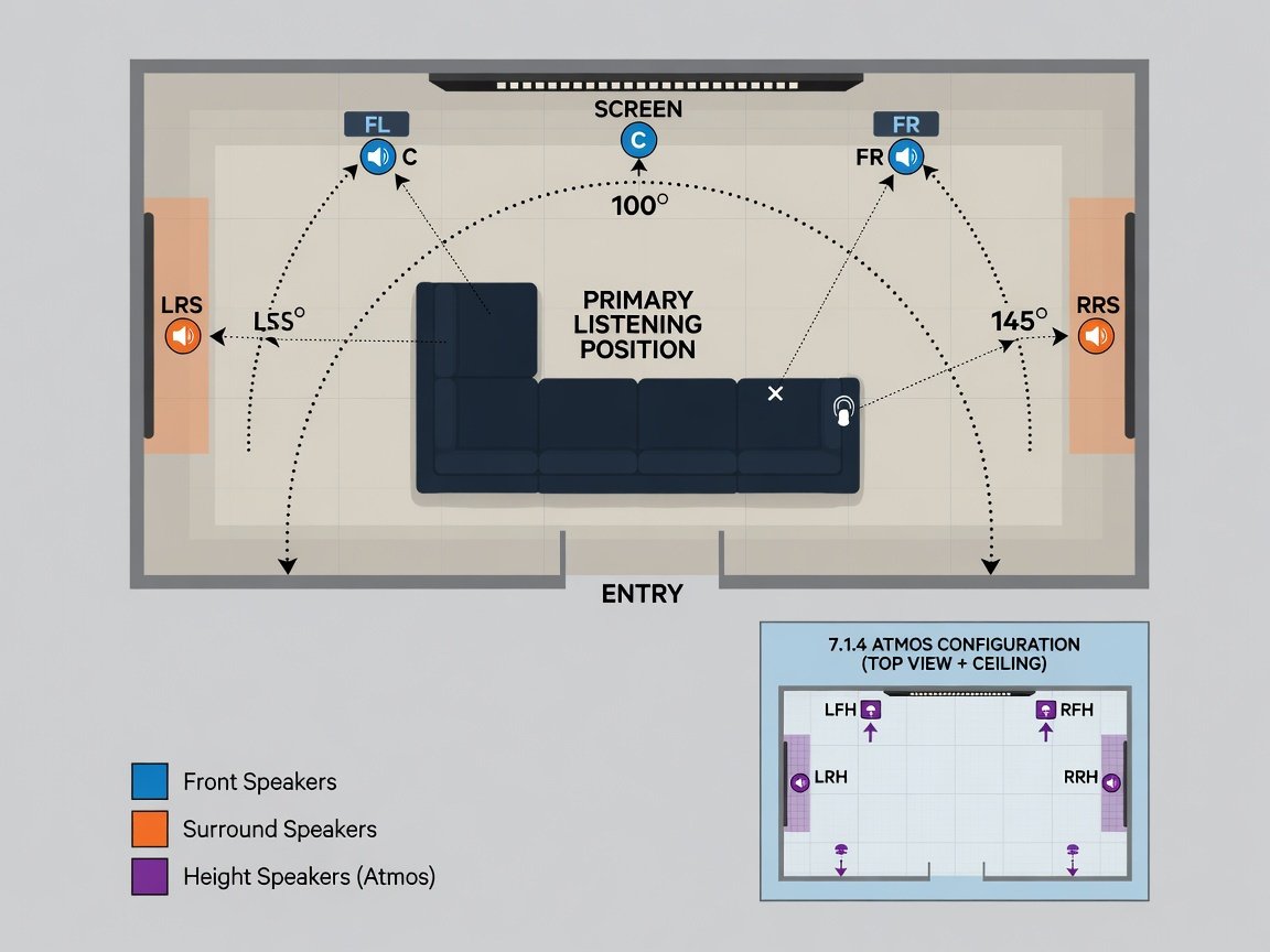 Home theater room diagram showing ITU-R BS.775 surround speaker placement angles for 5.1 and 7.1 configurations