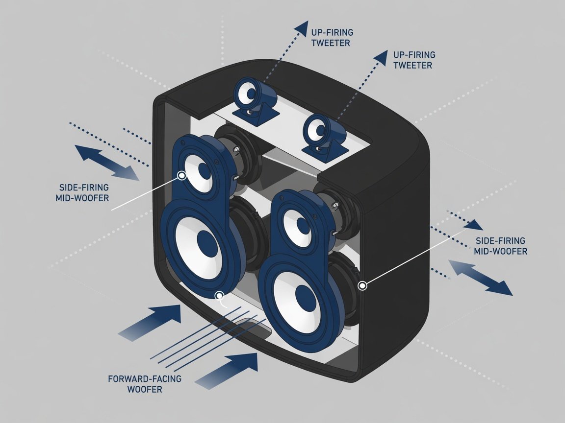 Sonos Era 300 six-driver array technical cutaway diagram showing up-firing tweeters side-firing woofers