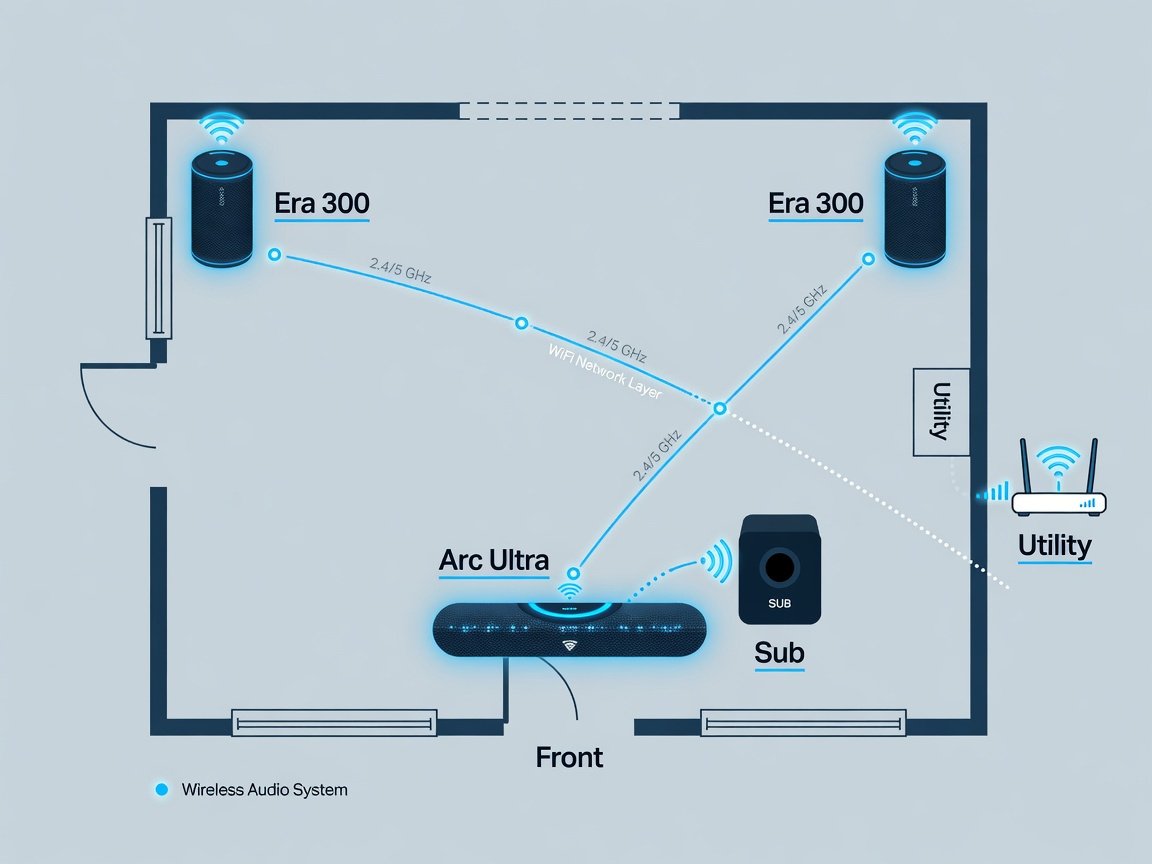 Sonos SonosNet wireless home theater mesh diagram showing Arc Ultra connected to Era 300 rear speakers and Sub Gen 3