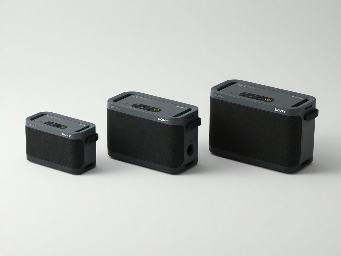 Sony ULT FIELD 1, ULT FIELD 3, and ULT FIELD 7 portable speakers lined up side by side on white surface