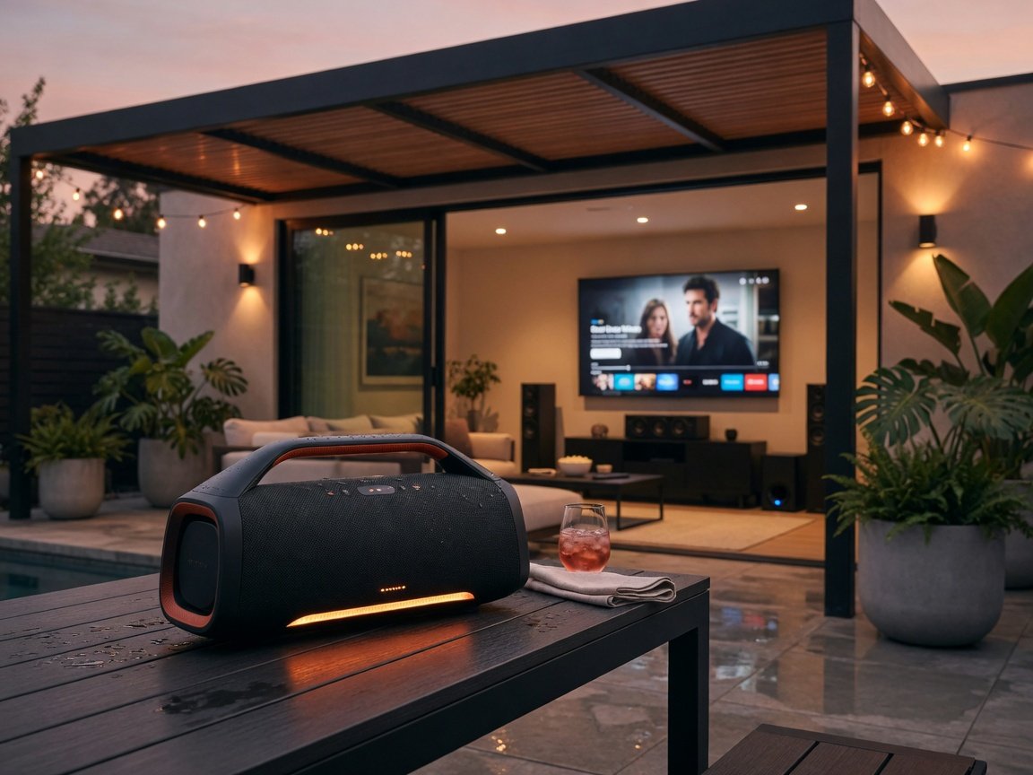 Sony SRS-XG300 portable speaker in outdoor home theater patio extension setup with glass doors to living room
