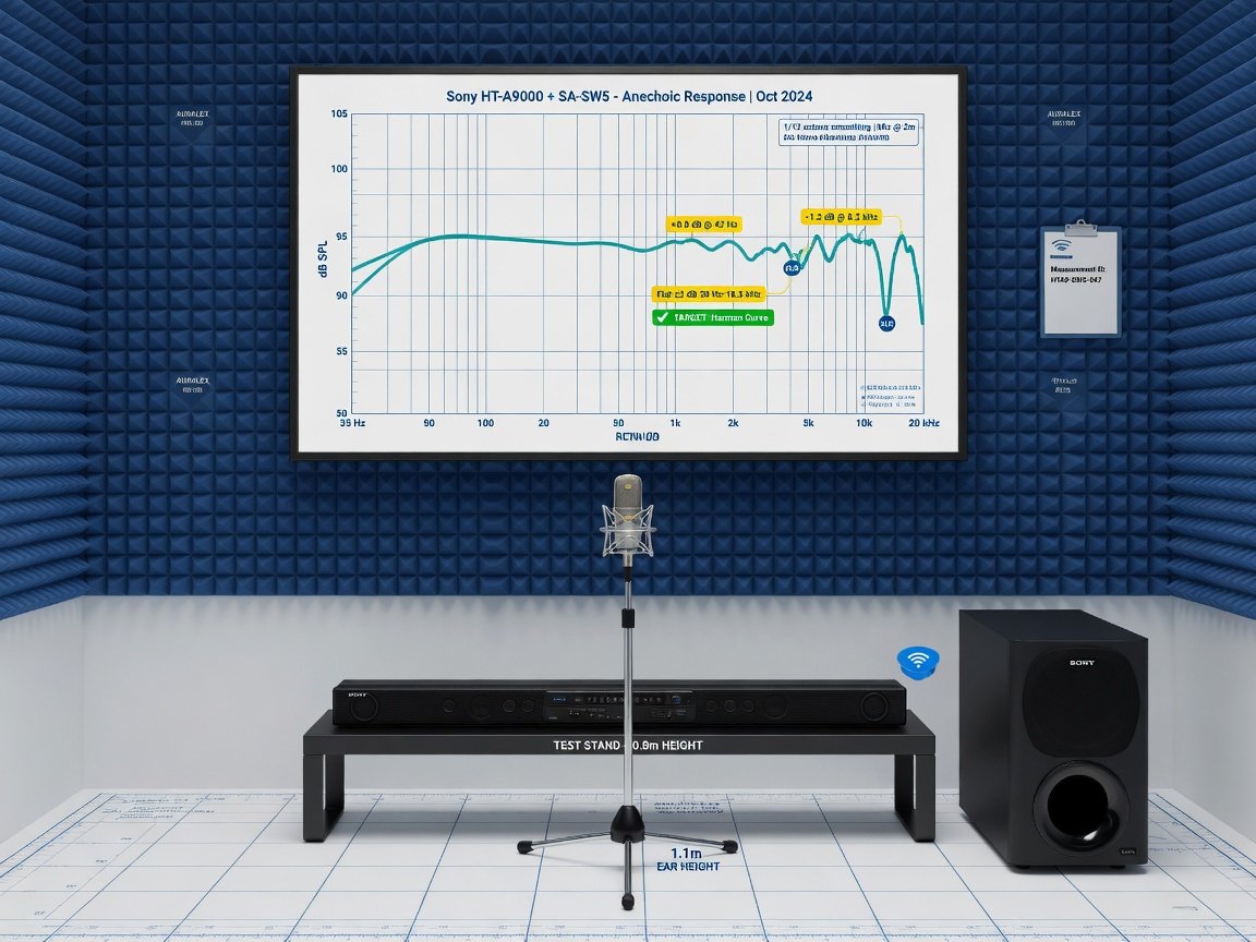 Sony soundbar with subwoofer frequency response measurement testing setup in acoustic laboratory