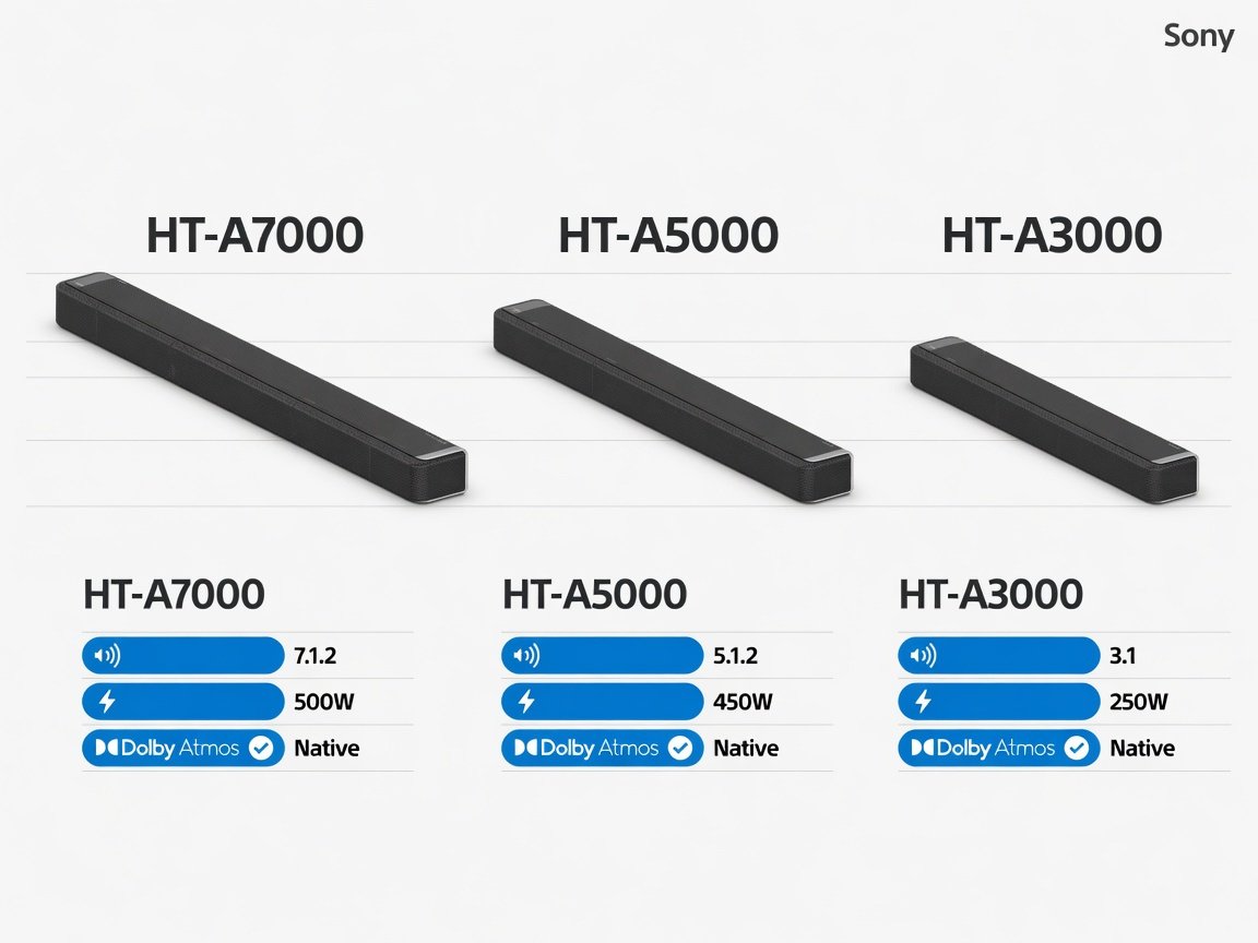 Sony HT-A7000 HT-A5000 HT-A3000 soundbar comparison infographic showing channels wattage and Dolby Atmos support