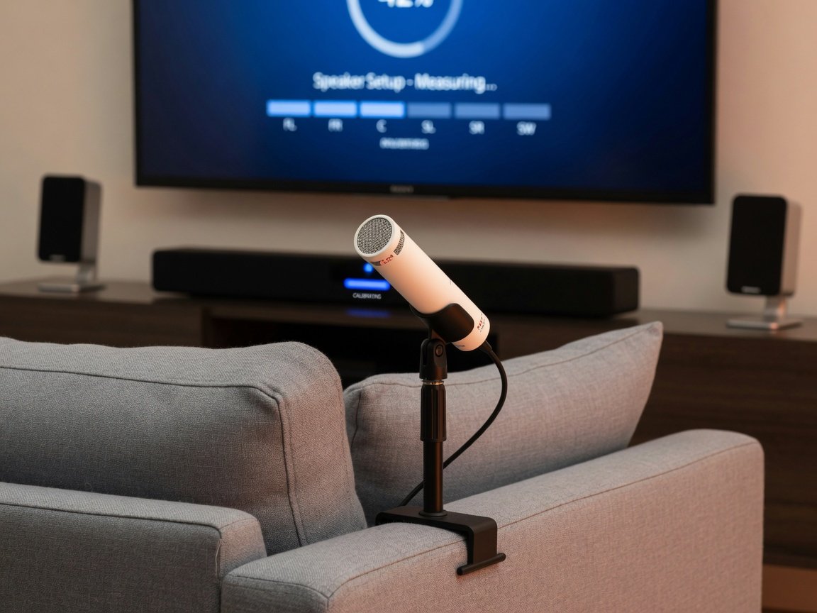 Sony soundbar automatic room calibration microphone placement on sofa armrest with HT-A7000 calibration mode active in background