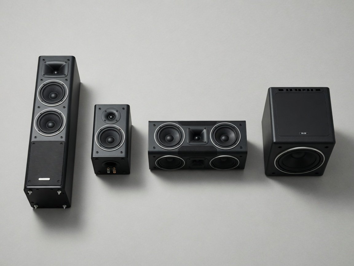 Home theater speaker system types compared — floorstanding tower, bookshelf, center channel, and subwoofer