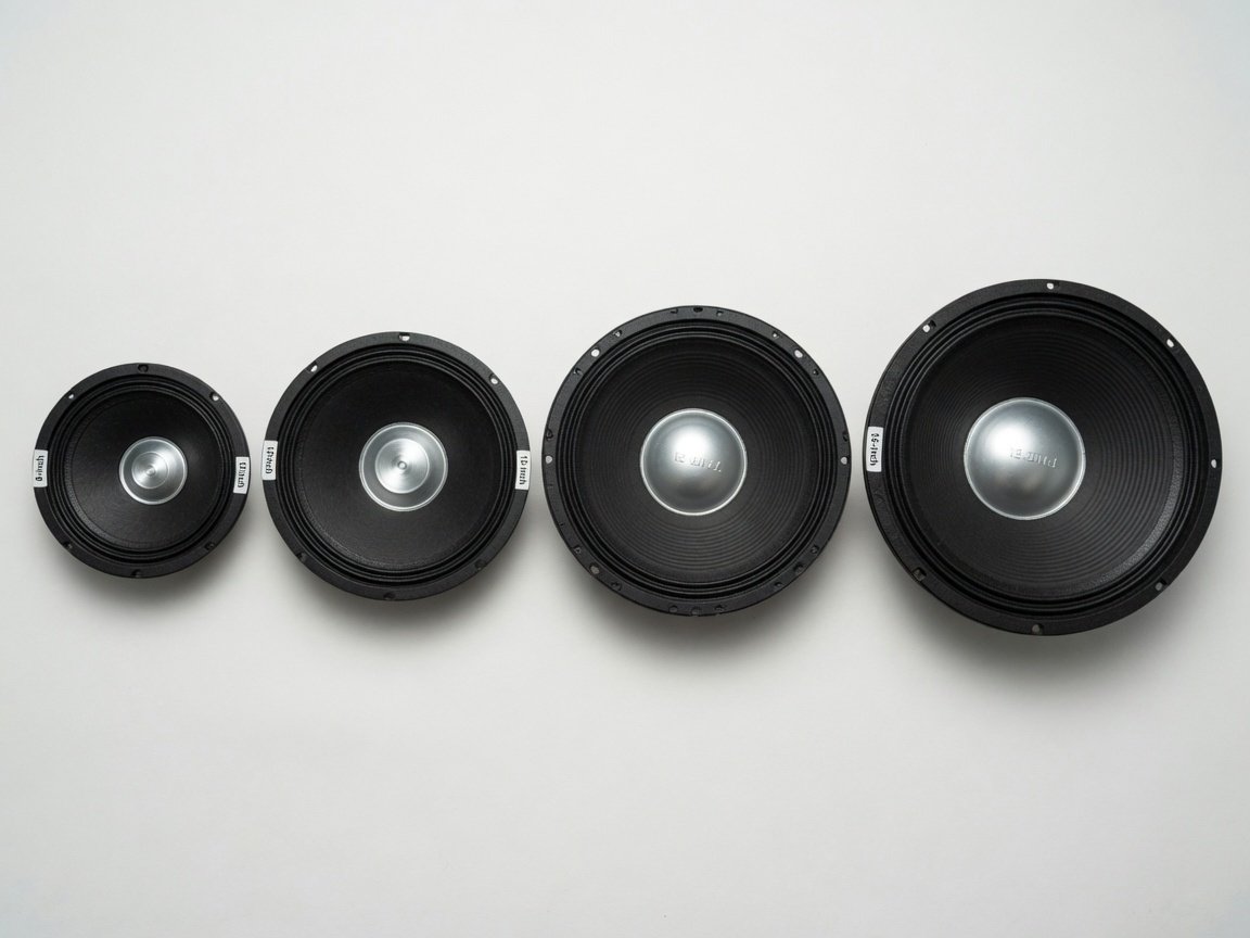 Home theater subwoofer driver size comparison — 8-inch, 10-inch, 12-inch, and 15-inch woofer cones side by side