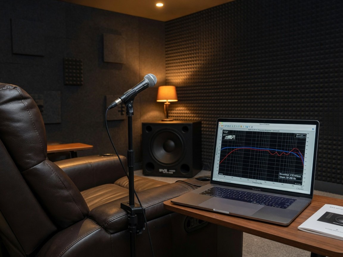 Subwoofer calibration setup with measurement microphone and room EQ software on laptop in home theater