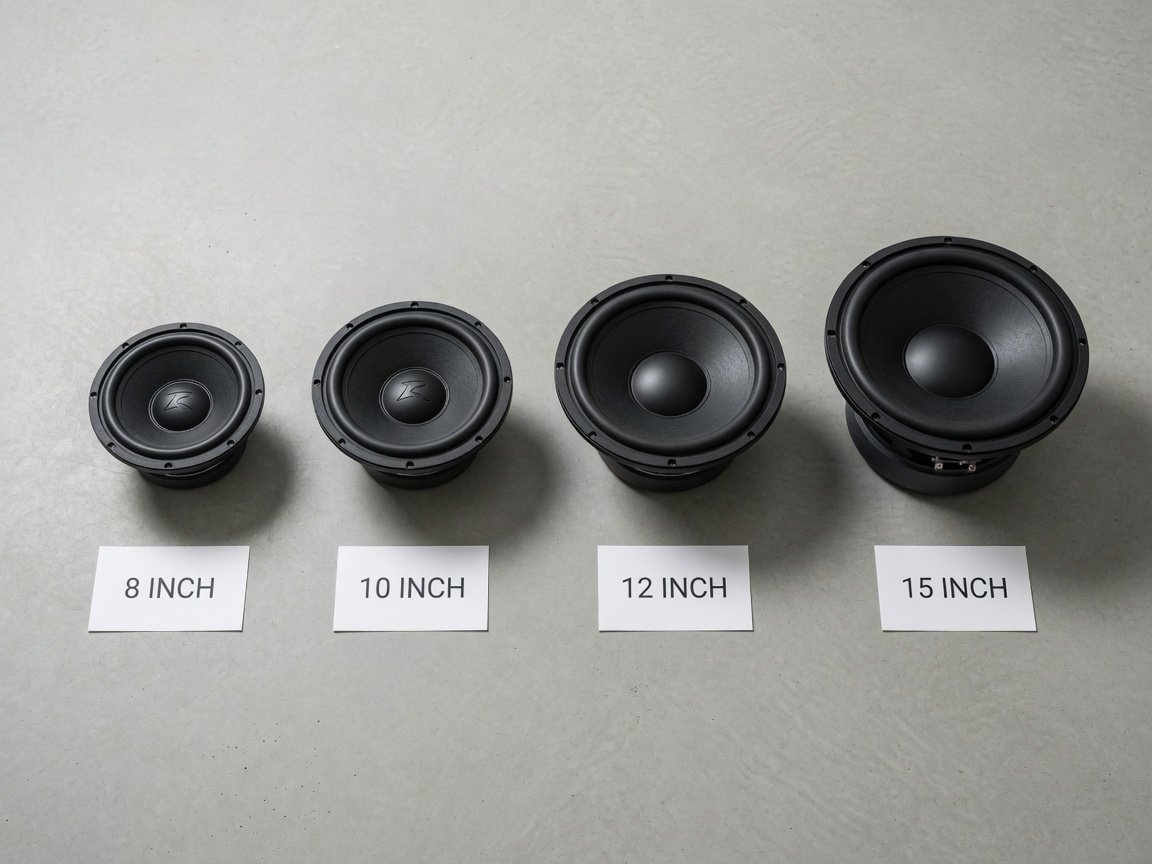 Subwoofer driver size comparison — 8-inch 10-inch 12-inch and 15-inch drivers arranged side by side