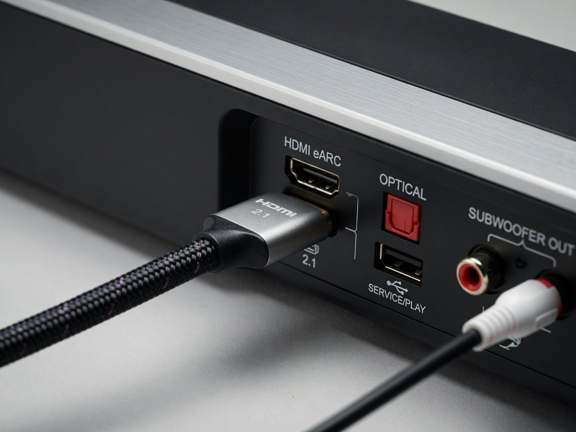 HDMI eARC cable connected to Vizio sound bar rear panel showing audio input ports and connection layout