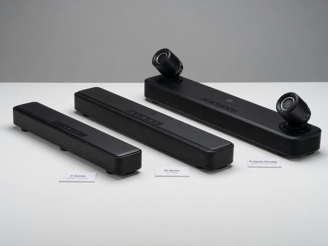 Side-by-side comparison of Vizio V-Series M-Series and P-Series Elevate sound bar systems on a display surface