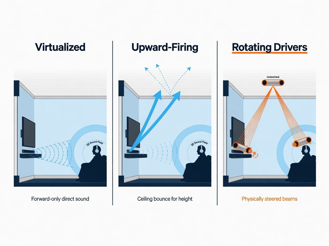 Comparison diagram of Dolby Atmos sound bar implementations upward-firing vs rotating speakers 2026