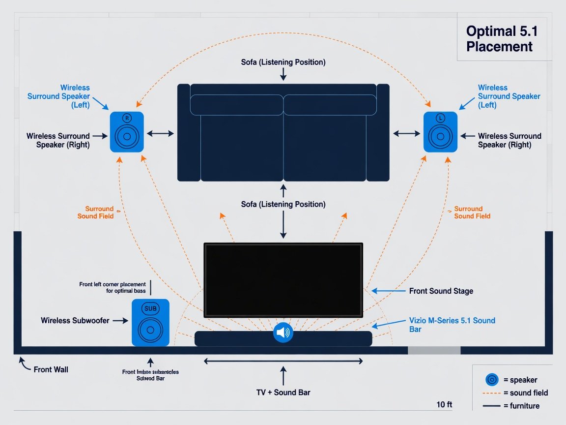Vizio M-Series 5.1 sound bar wireless surround speaker room placement diagram top-down view