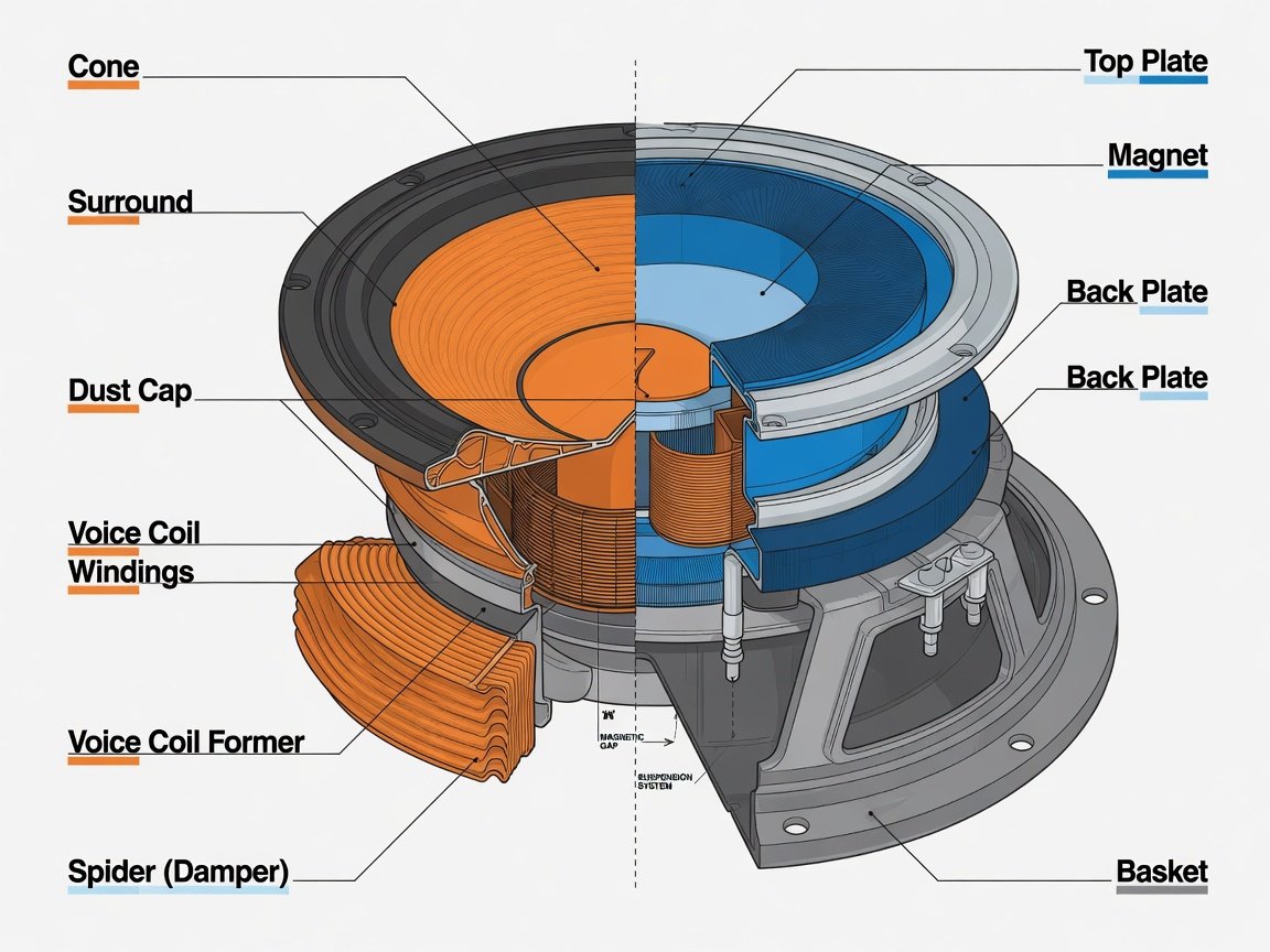 Cross-section technical diagram of a home theater woofer driver showing cone, surround, voice coil, spider, and magnet assembly with labels