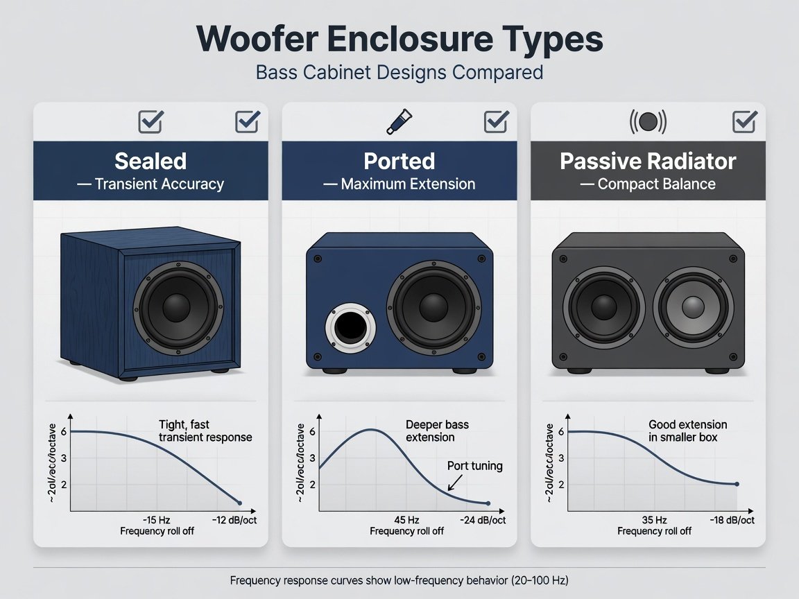 Side-by-side comparison diagram of sealed, ported, and passive radiator home theater woofer enclosure types with acoustic performance annotations
