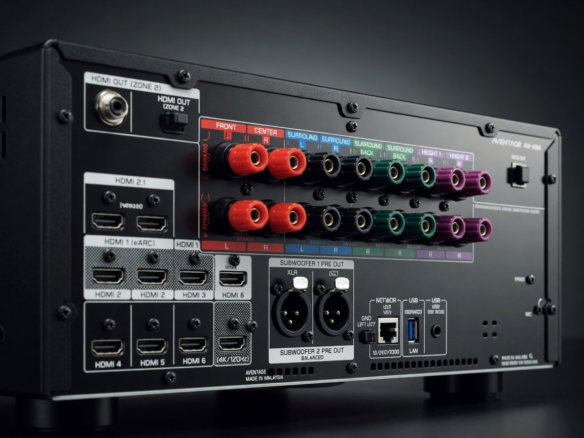 Close-up of Yamaha AVENTAGE RX-A4A receiver rear panel showing HDMI 2.1 ports and speaker terminals