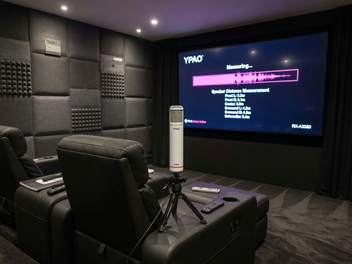 Yamaha YPAO microphone calibration setup on tripod at listening position in home theater room