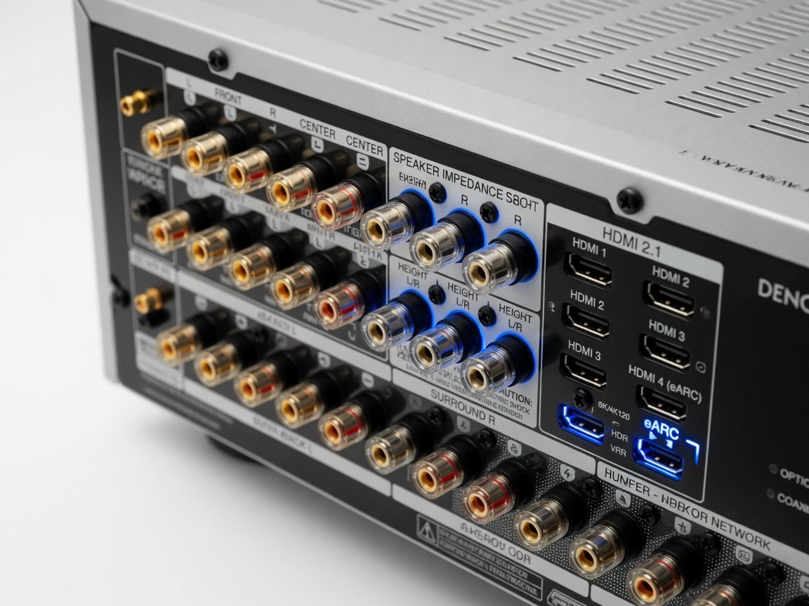 AV receiver back panel showing Dolby Atmos height channel speaker outputs and eARC HDMI port connections