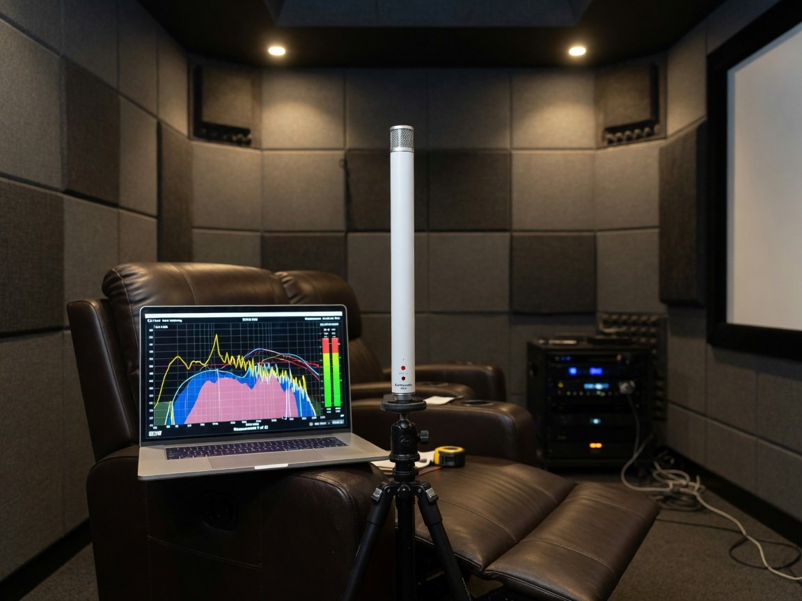 Dolby Atmos room correction calibration microphone placed at listening position with measurement software display