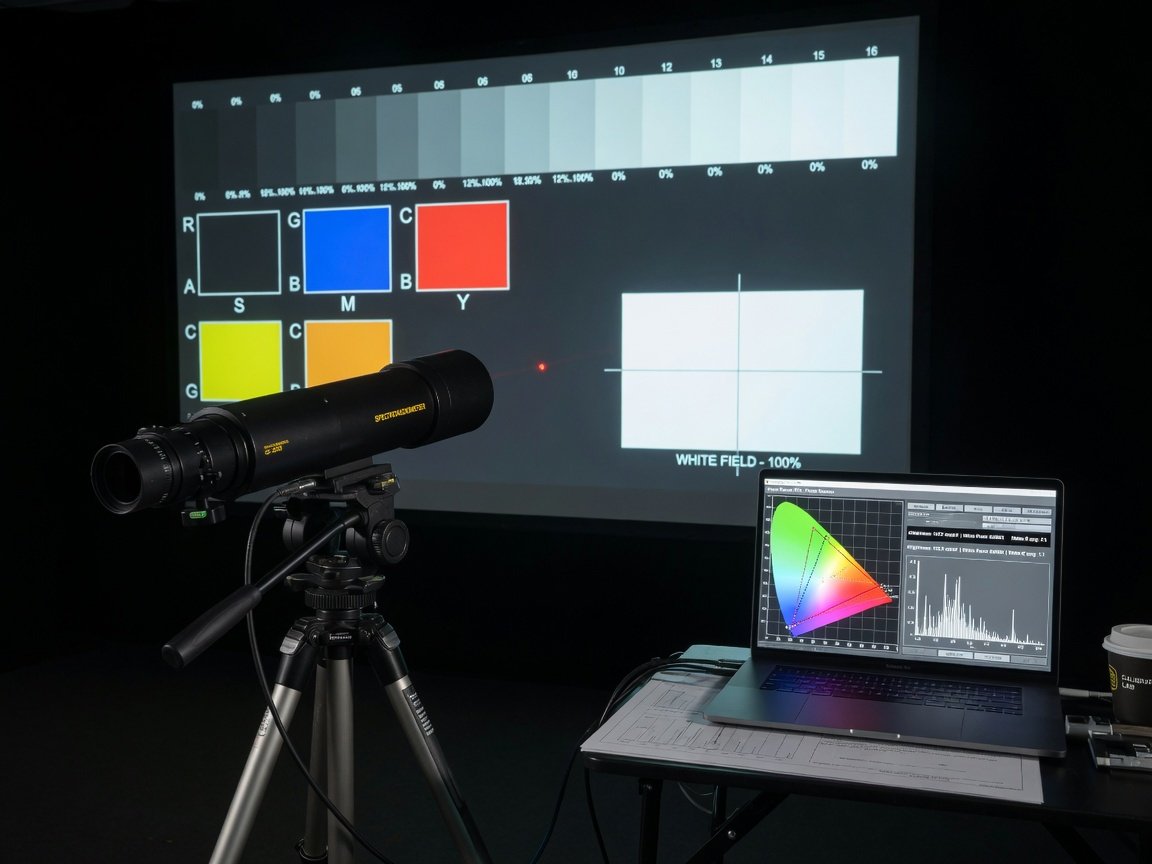 Home theater projector calibration setup with spectroradiometer measuring colour accuracy on test pattern screen in dark room