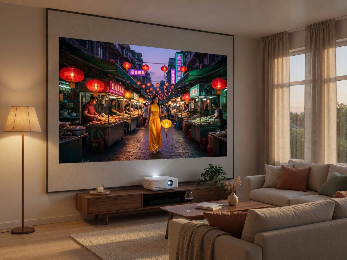Ultra-short throw laser projector in modern living room projecting 120-inch image on ALR screen inches from wall