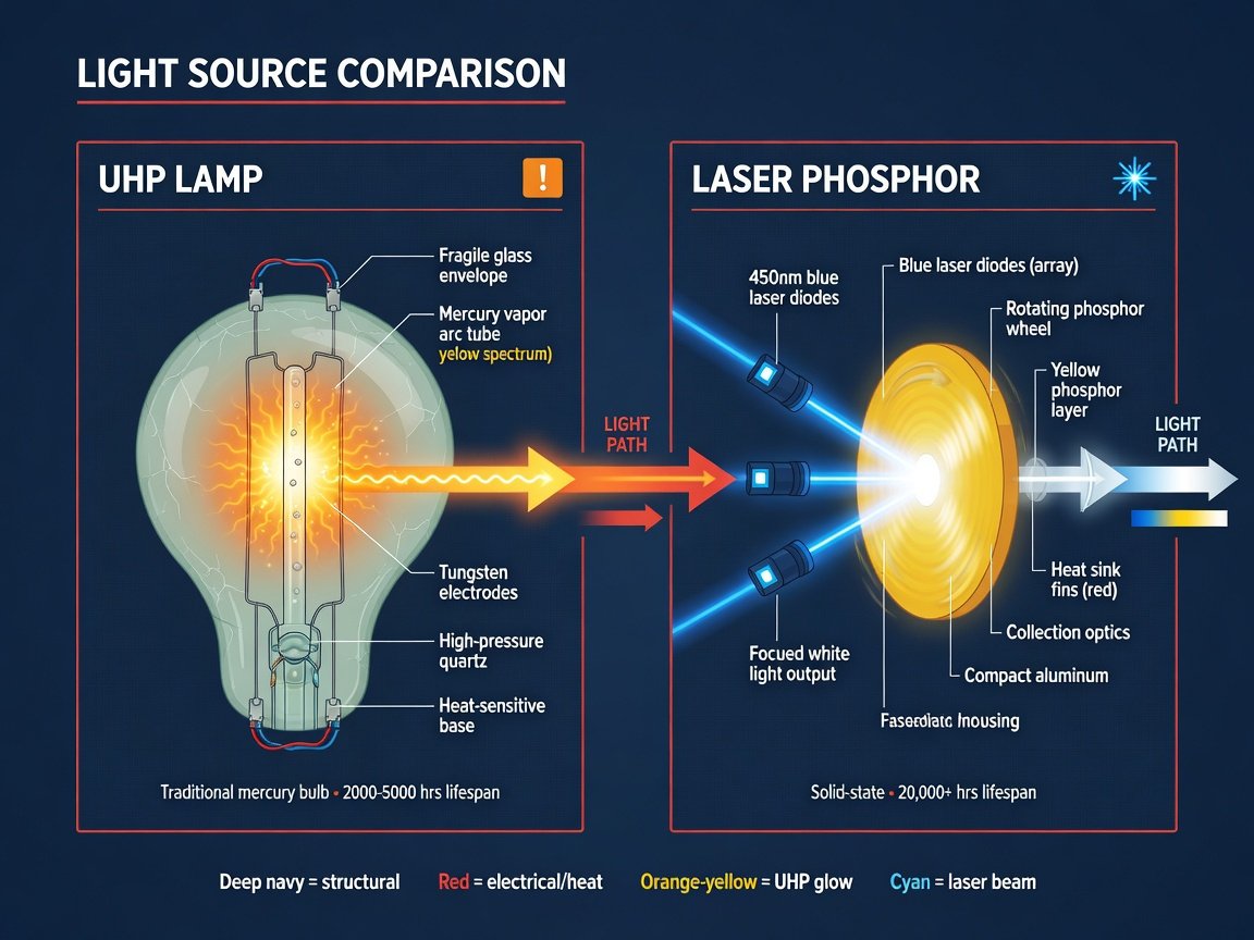 Close-up comparison of laser phosphor light engine vs UHP lamp projector module showing internal technology differences