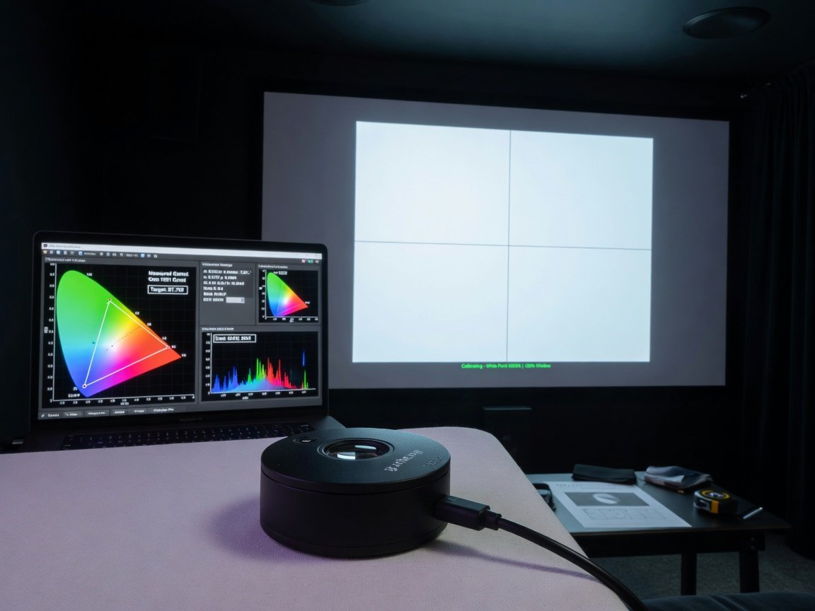 Home theater projector calibration setup with colorimeter probe measuring screen output and calibration software on laptop