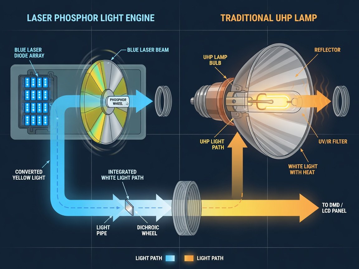 Technical comparison diagram showing laser phosphor vs lamp projector light engine technology for home theater