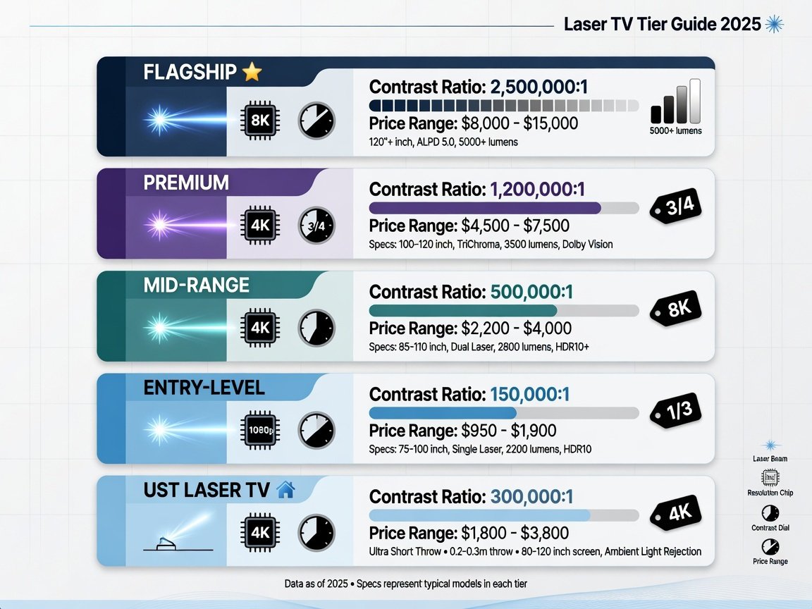 Infographic showing home theater projector tier comparison chart with specs for 2026 laser and 4K models