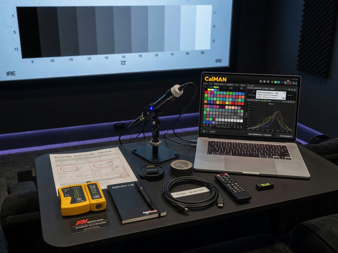 Home theater projector calibration setup with colorimeter and test patterns on 120-inch screen
