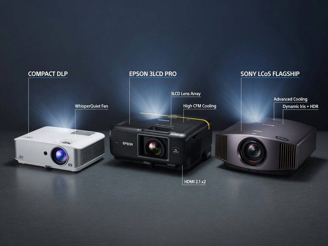 Three home theater projector types — DLP, 3LCD, and LCoS — compared side by side on a dark surface
