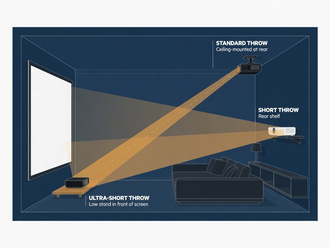 Home theater room cross-section diagram showing standard throw, short throw, and ultra-short throw projector placement options